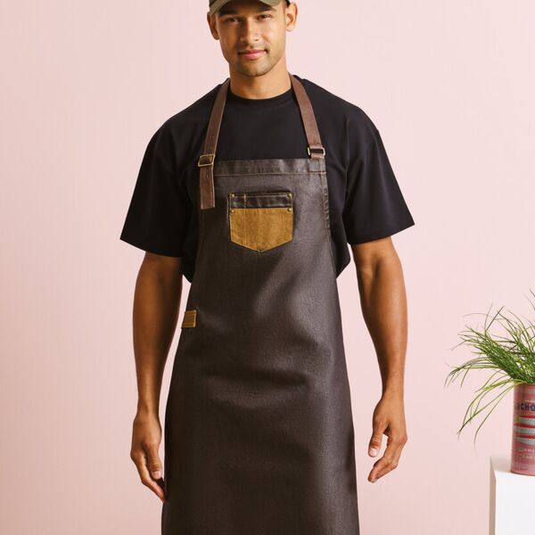 Division waxed-look denim bib apron with faux leather Thumbnail